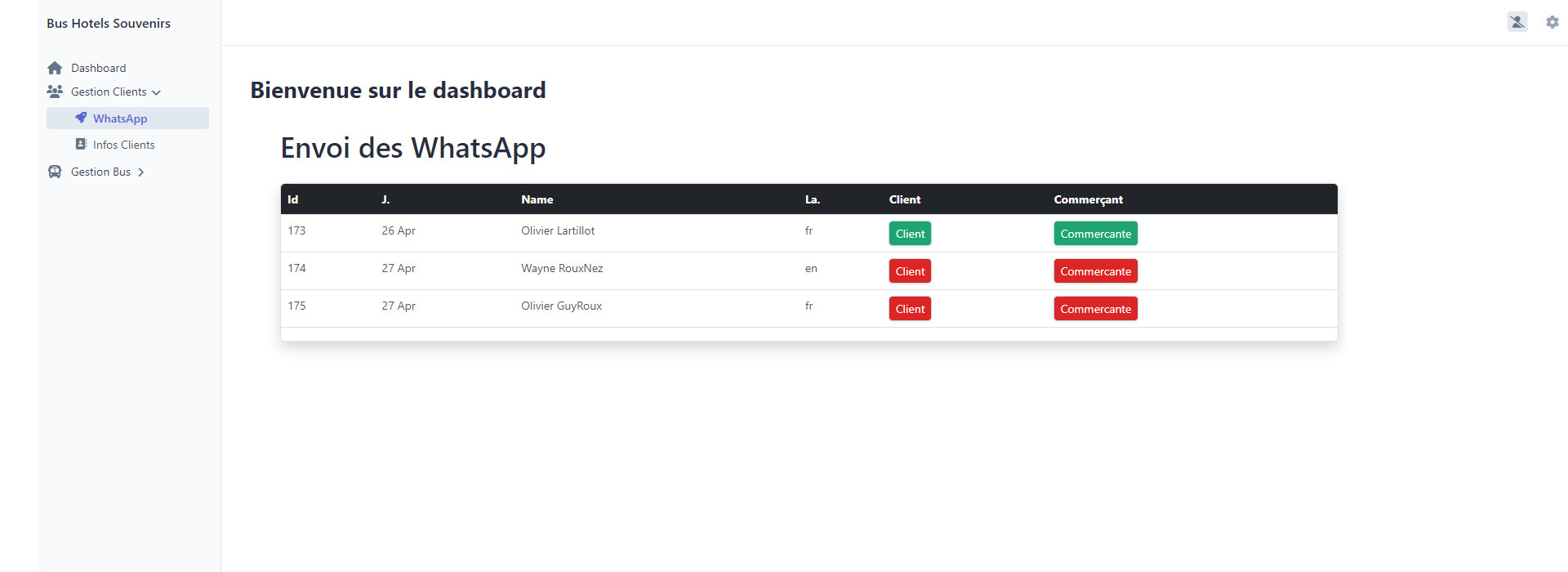 Bus Hotel admin envoi whatsapp